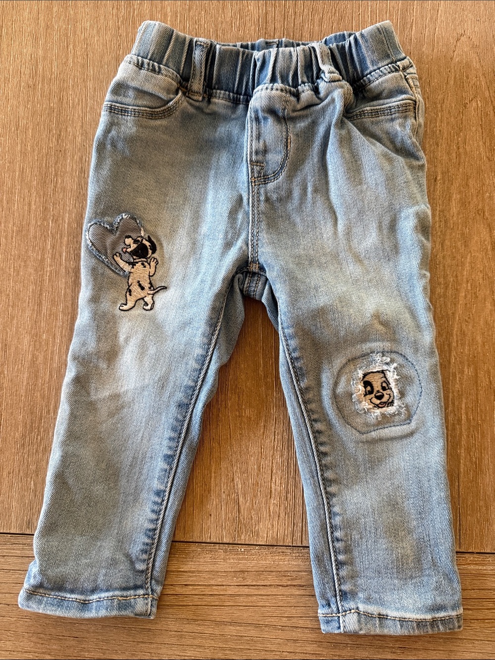 GAP Disney Light Blue Denim Jogger Pants with Puppy Patch Accents